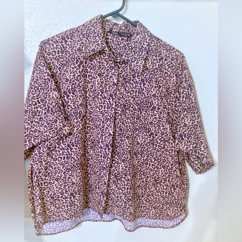 Zara NWT  button down cotton poplin Animal Print Blouse - Picture 2 of 5
